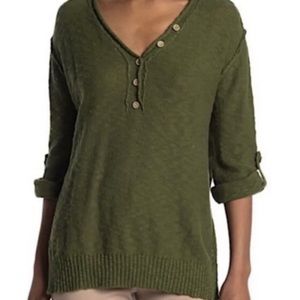 Stitchdrop Olive Slub Knit Henley Sweater Semi Sheer Roll Tab Sleeves Size M Nwt